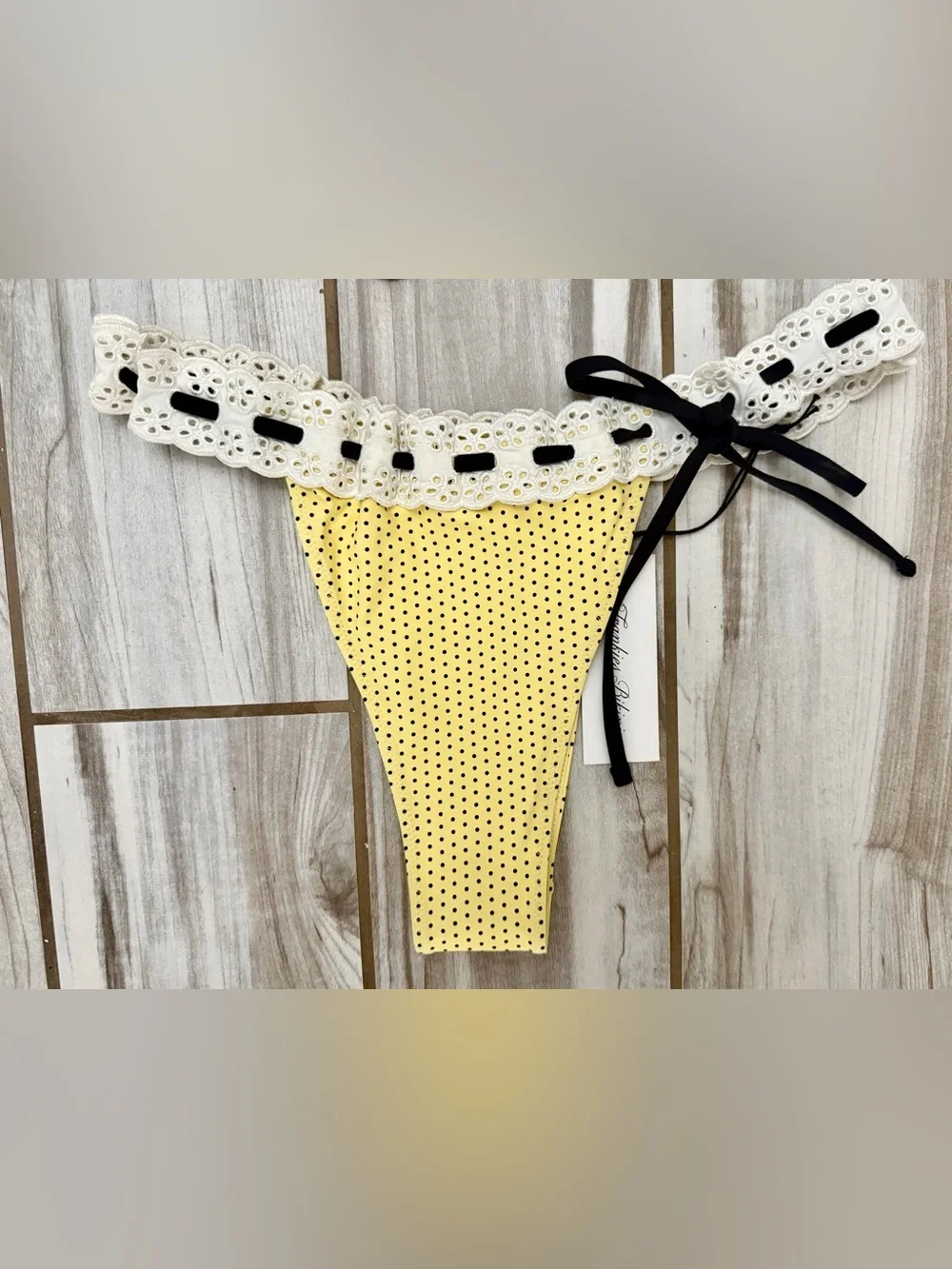 NWT-Frankie's Bikinis, Lana Bikini top, Lacy Micro Bikini bottom in Lemon Dot, L